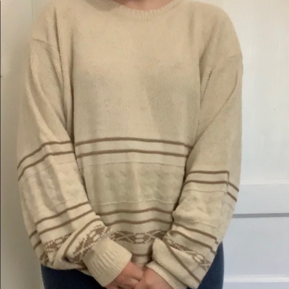 Vintage Unisex Oatmeal/Chocolate Brown Knit Oversized Sweater - Picture 7 of 7